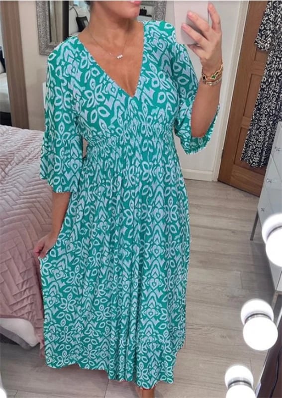 💞Rochie lungă cu decolteu în V și imprimeu boem casual-5