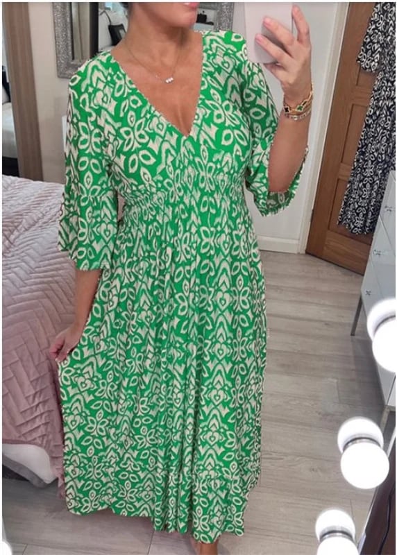 💞Rochie lungă cu decolteu în V și imprimeu boem casual-4
