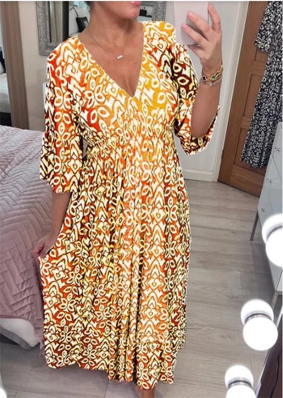 💞Rochie lungă cu decolteu în V și imprimeu boem casual-6