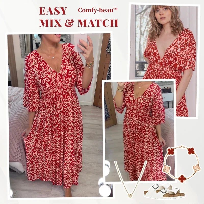 💞Rochie lungă cu decolteu în V și imprimeu boem casual-9