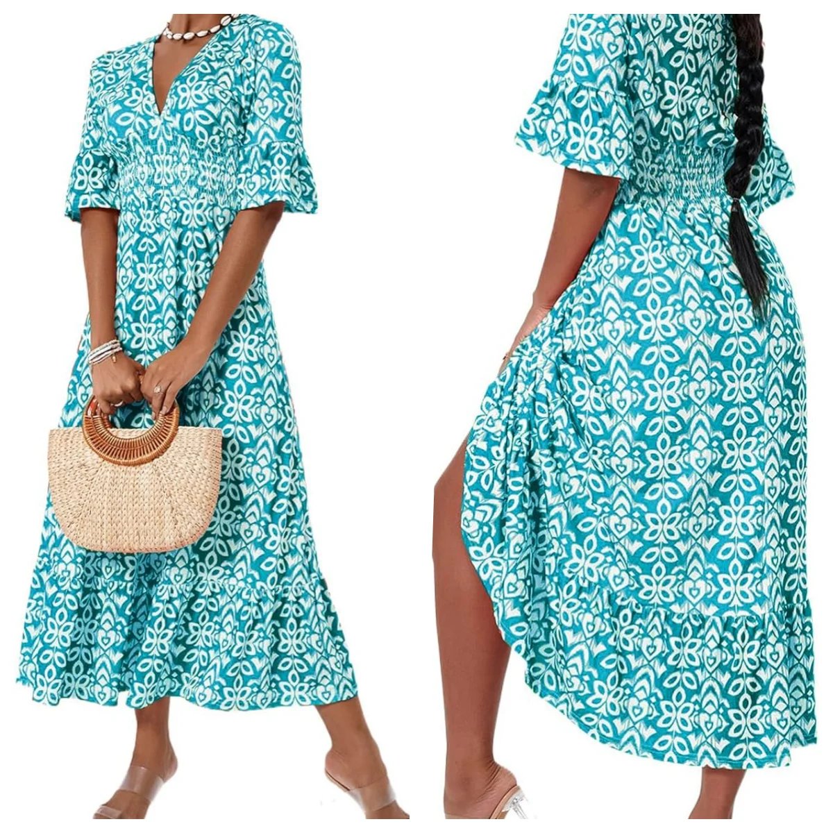 💞Rochie lungă cu decolteu în V și imprimeu boem casual-10