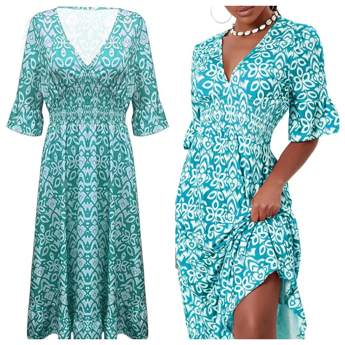 💞Rochie lungă cu decolteu în V și imprimeu boem casual-11
