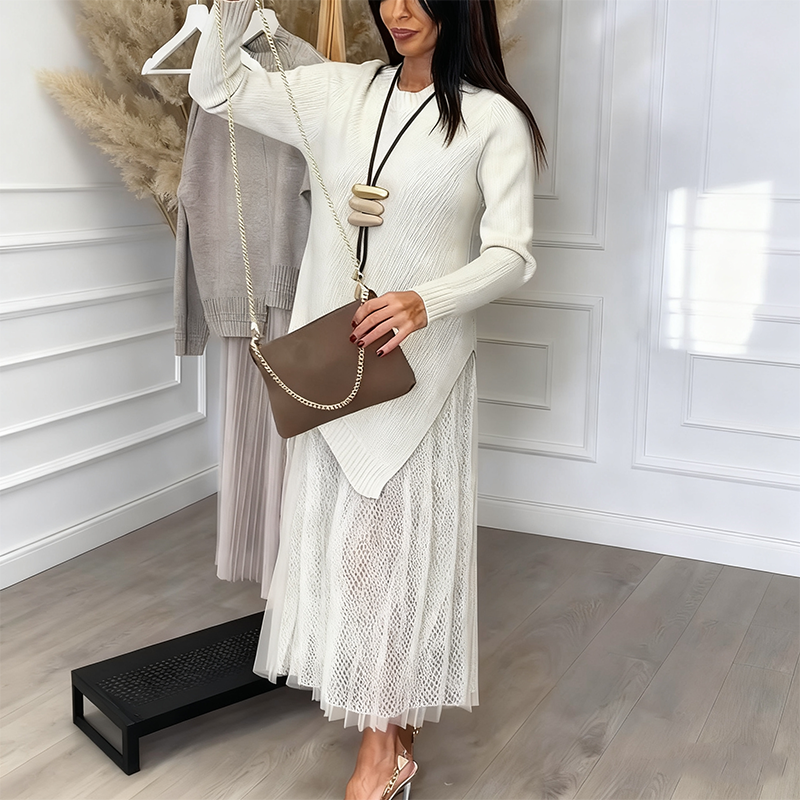 Set 2 piese pulover neregulat și rochie midi cu rezervor plisat pentru femei-3