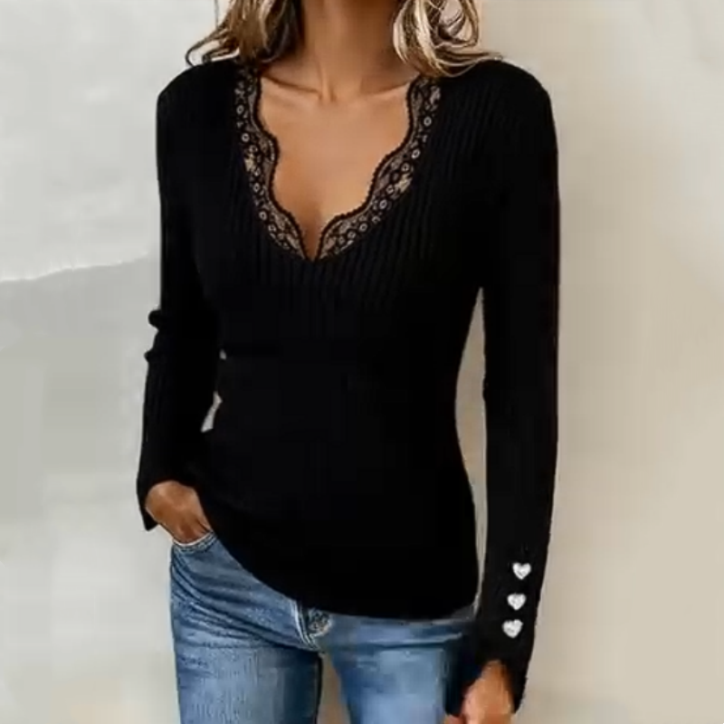 🎁Noutăți 2026 50% REDUCERE💥Bluze din tricot cu guler în V și dantelă pentru femei👕-3