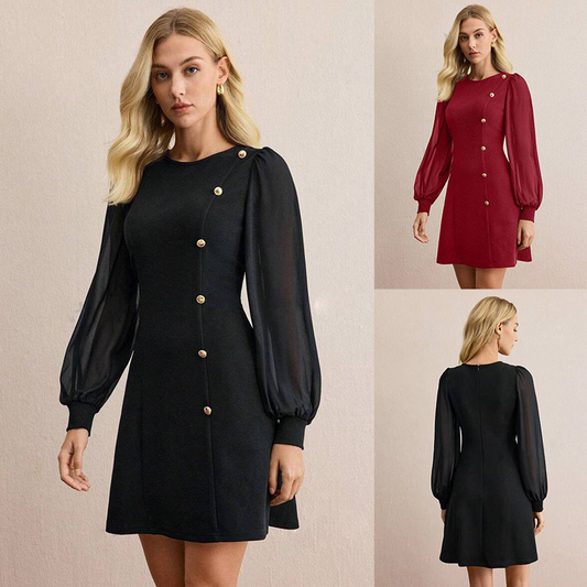 🔮✨Nou sosit ✨💖2026 Rochie elegantă cu mâneci lungi și detalii asimetrice cu nasturi, la reducere