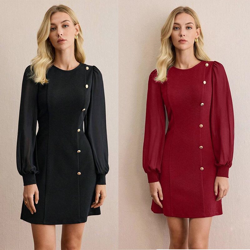 🔮✨Nou sosit ✨💖2026 Rochie elegantă cu mâneci lungi și detalii asimetrice cu nasturi, la reducere-6
