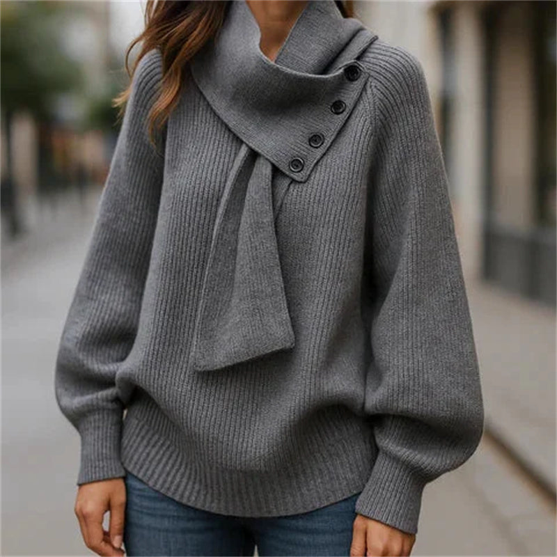 Pulover casual unisex cu nervuri și eșarfă detașabilă-2