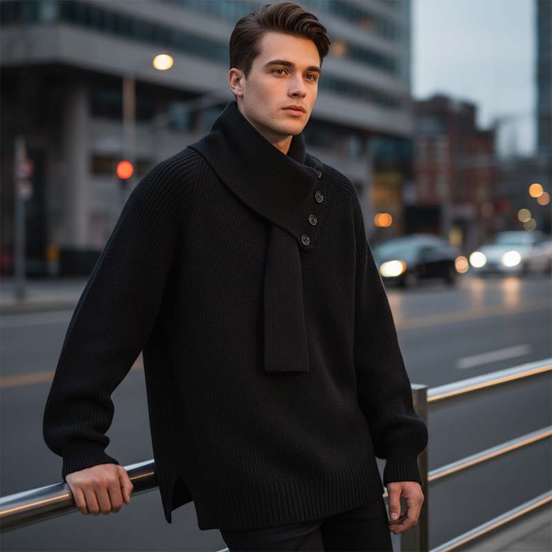 Pulover casual unisex cu nervuri și eșarfă detașabilă-6