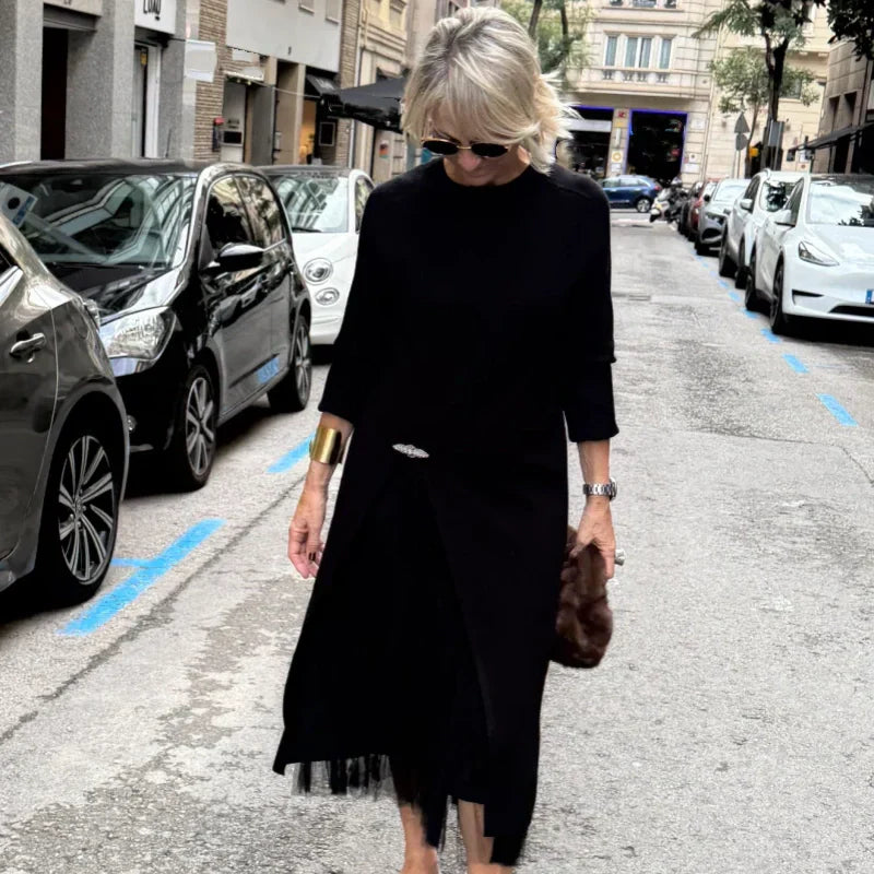 Rochie midi elegantă din tricot pentru femei, cu fante laterale-1