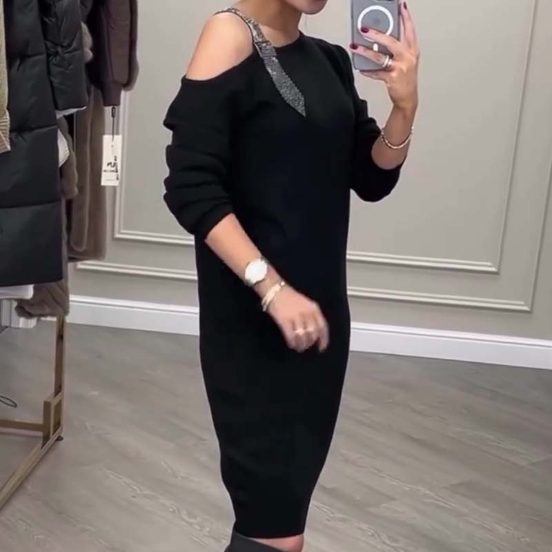 🎁Noutăți 2026 50% REDUCERE💥Rochie midi cu mâneci lungi și un umăr pentru femei-2