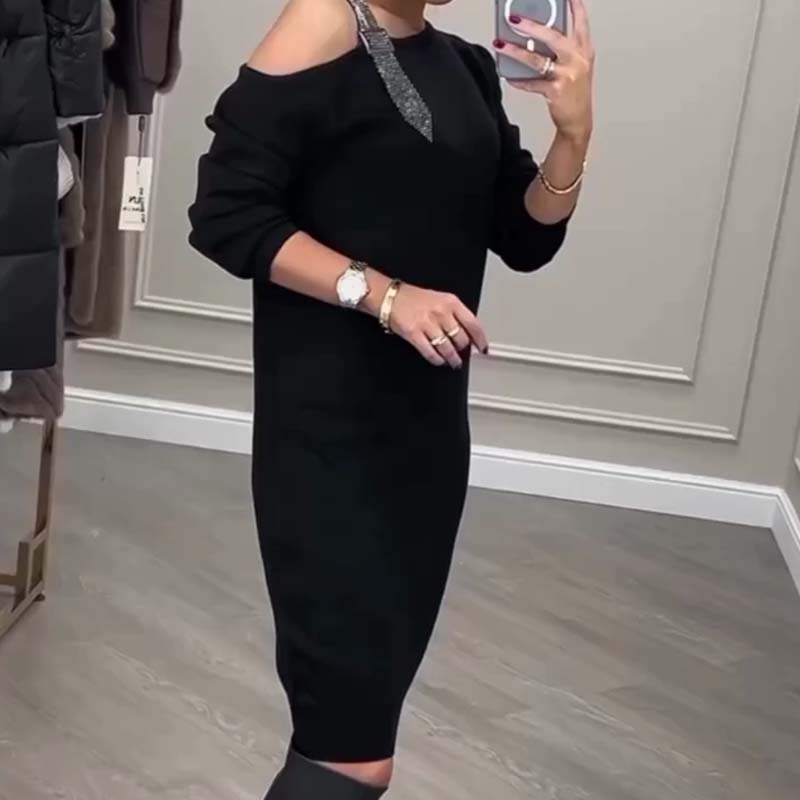 🎁Noutăți 2026 50% REDUCERE💥Rochie midi cu mâneci lungi și un umăr pentru femei-3