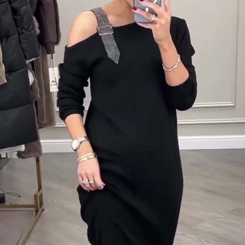 🎁Noutăți 2026 50% REDUCERE💥Rochie midi cu mâneci lungi și un umăr pentru femei-4