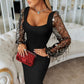 Rochie sexy, mulată, cu gât pătrat, mâneci din plasă și paiete-1