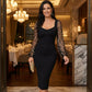 Rochie sexy, mulată, cu gât pătrat, mâneci din plasă și paiete-7