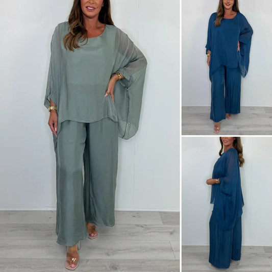 Set elegant casual pentru femei, format din bluză din șifon și pantaloni largi
