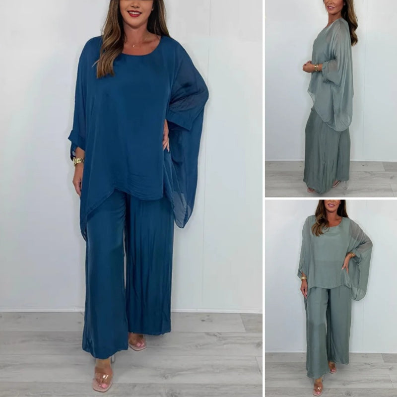 Set elegant casual pentru femei, format din bluză din șifon și pantaloni largi-1