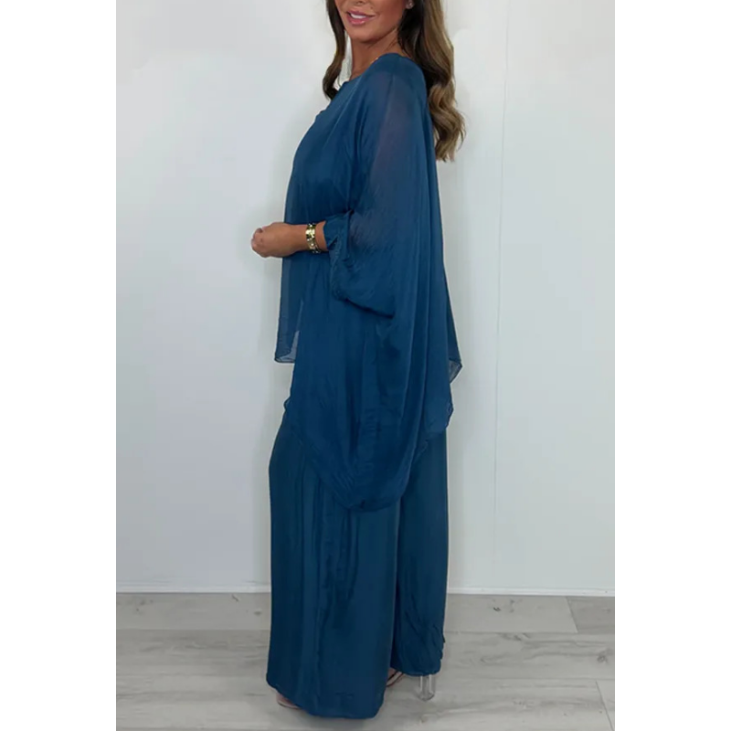 Set elegant casual pentru femei, format din bluză din șifon și pantaloni largi-4