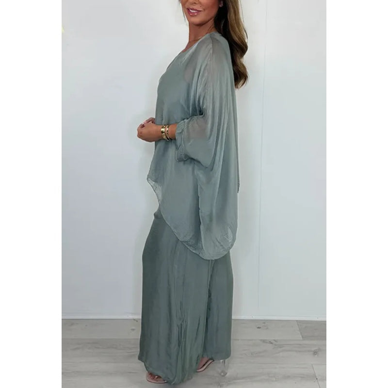 Set elegant casual pentru femei, format din bluză din șifon și pantaloni largi-5