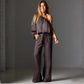 Set elegant din top cu un umăr din satin și pantaloni largi-1