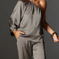 Set elegant din top cu un umăr din satin și pantaloni largi-5