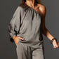 Set elegant din top cu un umăr din satin și pantaloni largi-6