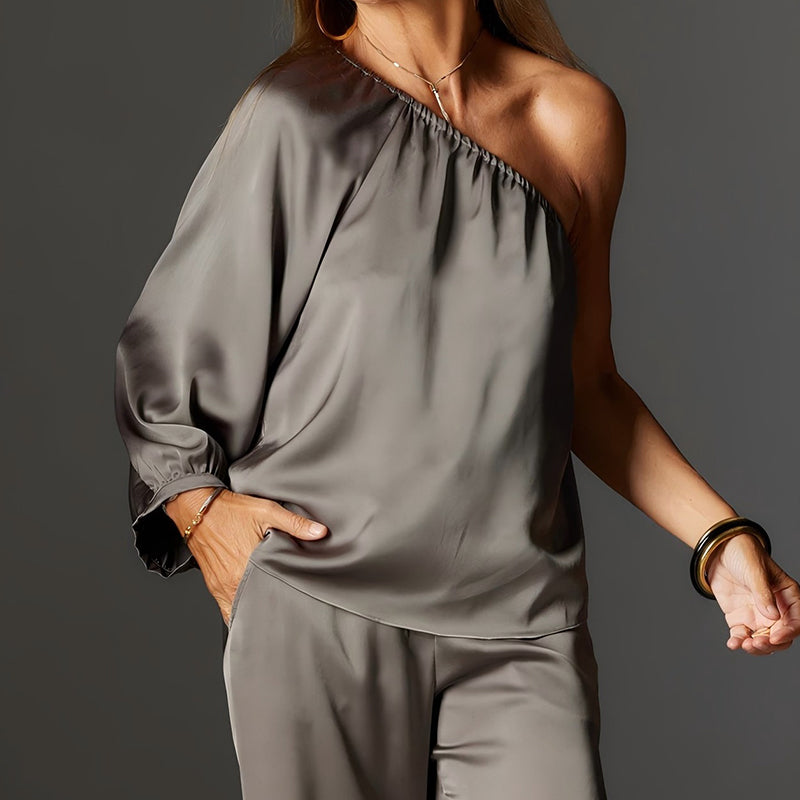 Set elegant din top cu un umăr din satin și pantaloni largi-6