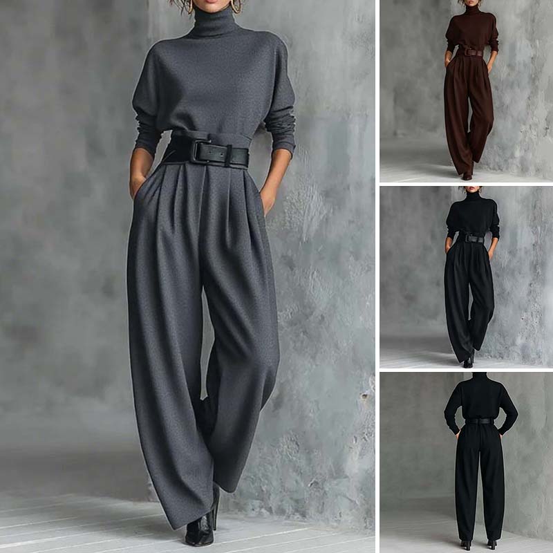 Set elegant pentru femei, format din bluză cu guler înalt și pantaloni cu talie înaltă