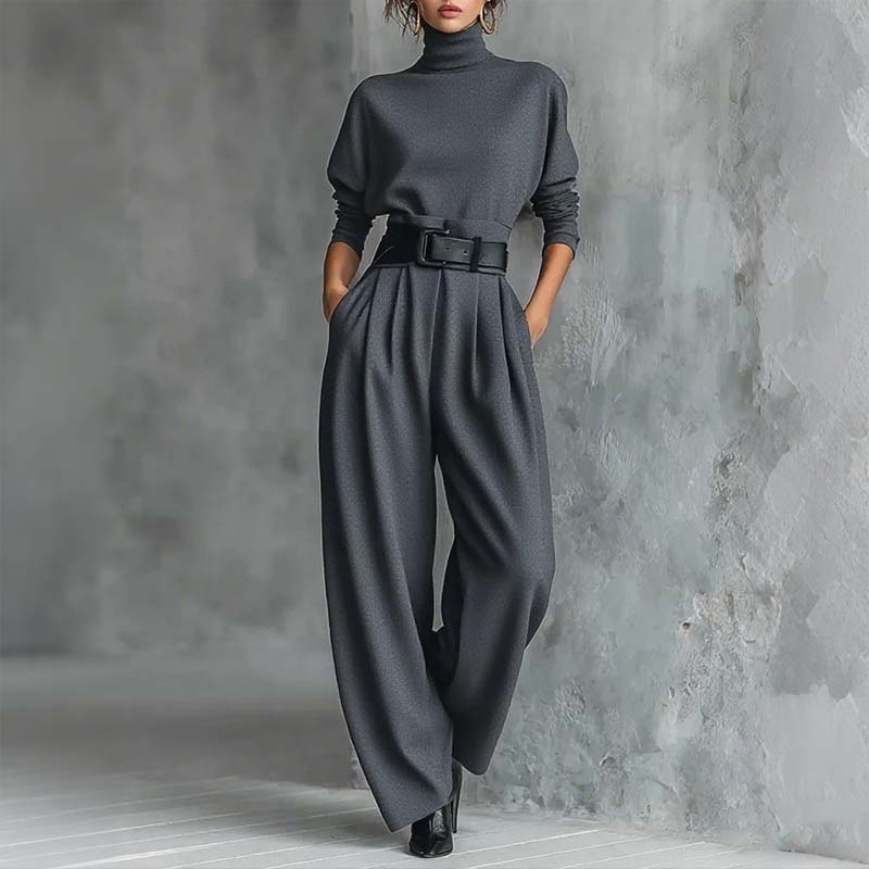 Set elegant pentru femei, format din bluză cu guler înalt și pantaloni cu talie înaltă-1