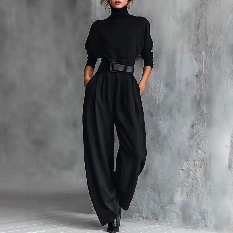 Set elegant pentru femei, format din bluză cu guler înalt și pantaloni cu talie înaltă-3