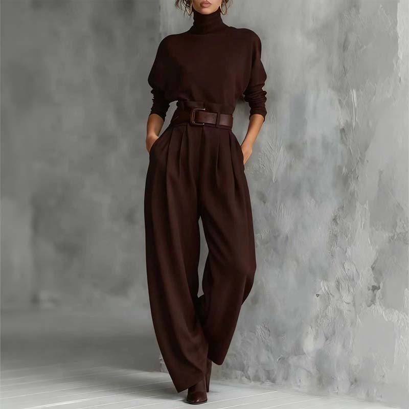 Set elegant pentru femei, format din bluză cu guler înalt și pantaloni cu talie înaltă-5