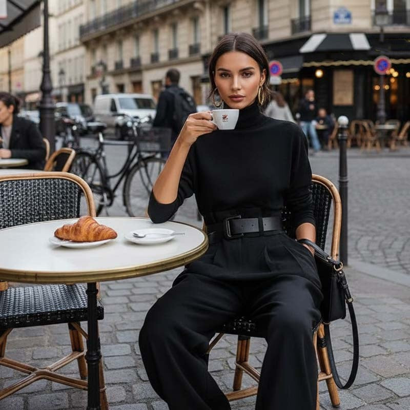 Set elegant pentru femei, format din bluză cu guler înalt și pantaloni cu talie înaltă-8