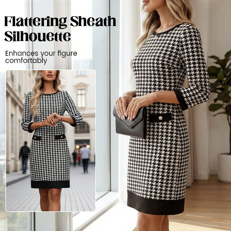 🏆 Reduceri fierbinți - 49% REDUCERE ✨Rochie midi mulată cu guler rotund și imprimeu houndstooth pentru femei-1