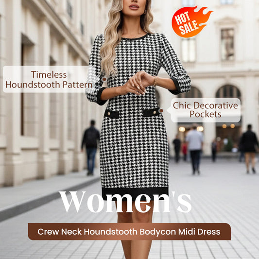 🏆 Reduceri fierbinți - 49% REDUCERE ✨Rochie midi mulată cu guler rotund și imprimeu houndstooth pentru femei