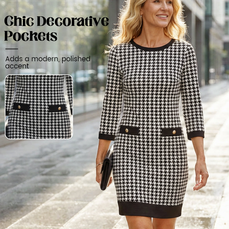 🏆 Reduceri fierbinți - 49% REDUCERE ✨Rochie midi mulată cu guler rotund și imprimeu houndstooth pentru femei-3