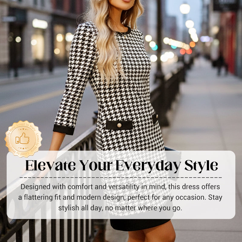 🏆 Reduceri fierbinți - 49% REDUCERE ✨Rochie midi mulată cu guler rotund și imprimeu houndstooth pentru femei-4