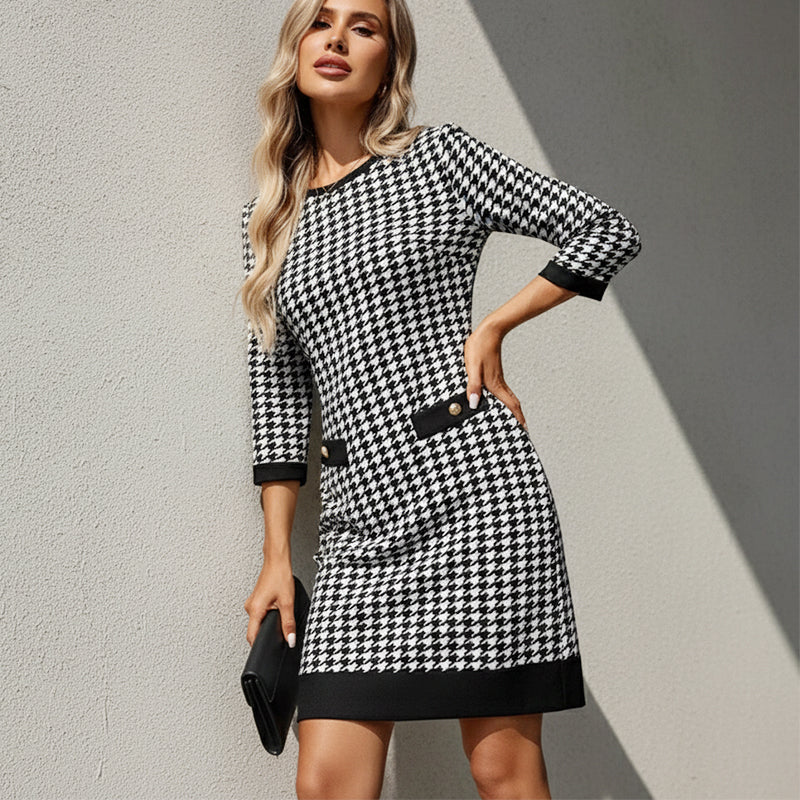 🏆 Reduceri fierbinți - 49% REDUCERE ✨Rochie midi mulată cu guler rotund și imprimeu houndstooth pentru femei-6