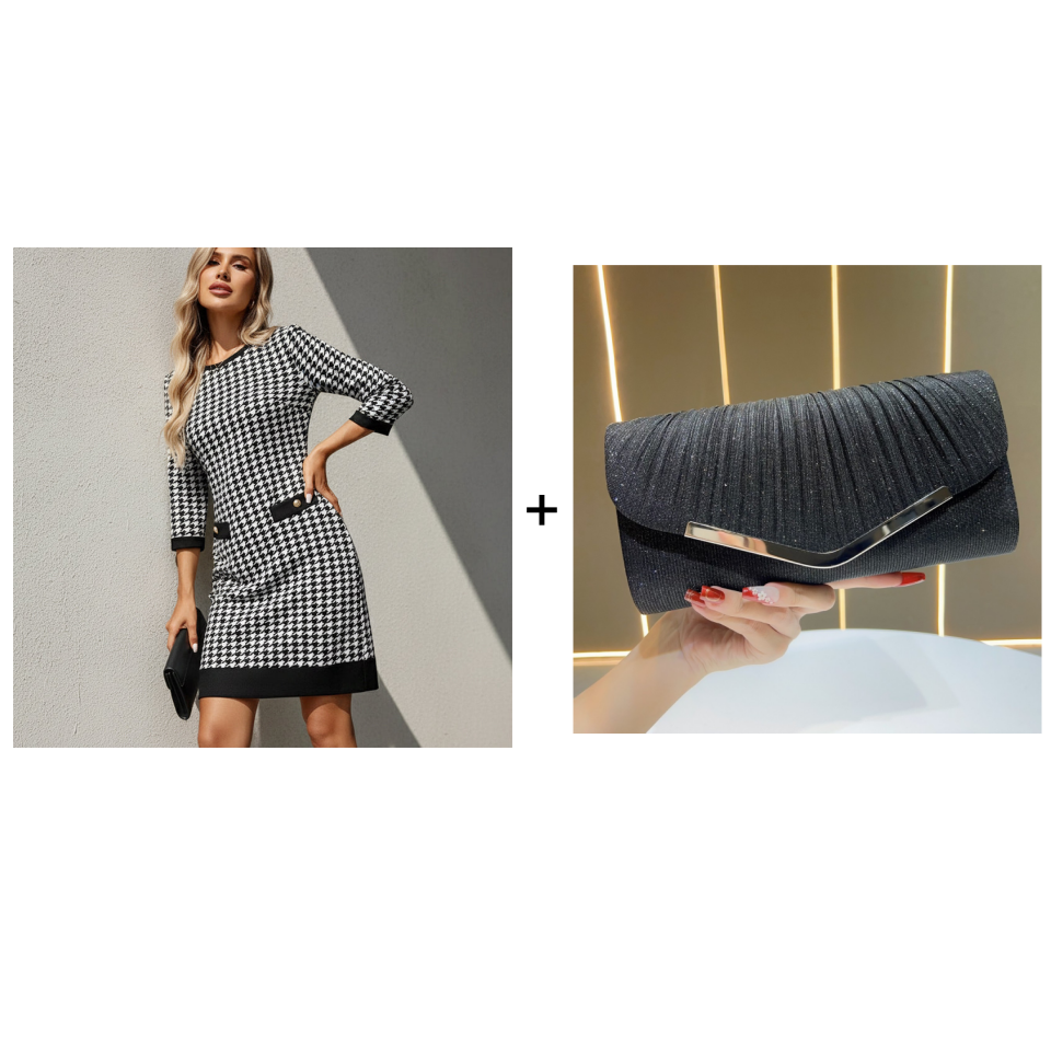 🏆 Reduceri fierbinți - 49% REDUCERE ✨Rochie midi mulată cu guler rotund și imprimeu houndstooth pentru femei-9