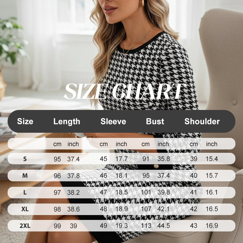 🏆 Reduceri fierbinți - 49% REDUCERE ✨Rochie midi mulată cu guler rotund și imprimeu houndstooth pentru femei-7