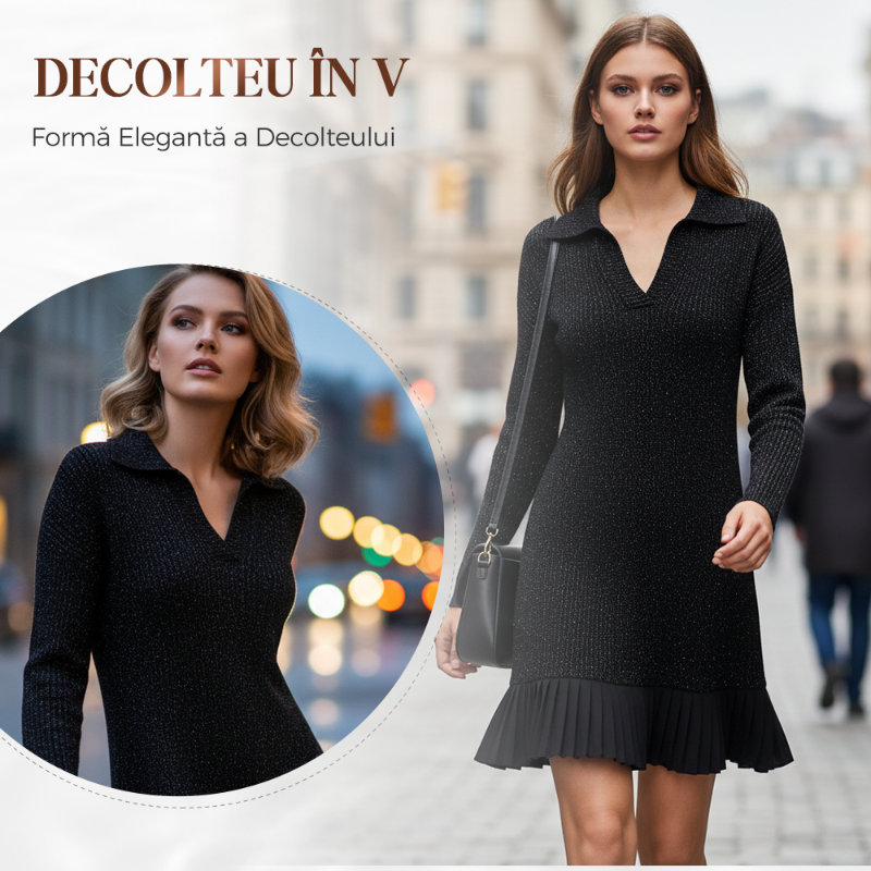 Rochie Scurtă Damă cu Croială în Formă de A cu Rever și Sclipici-1