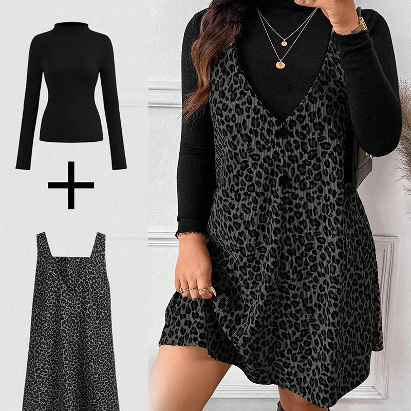 Set rochie și top cu imprimeu leopard, cu aspect stratificat-1