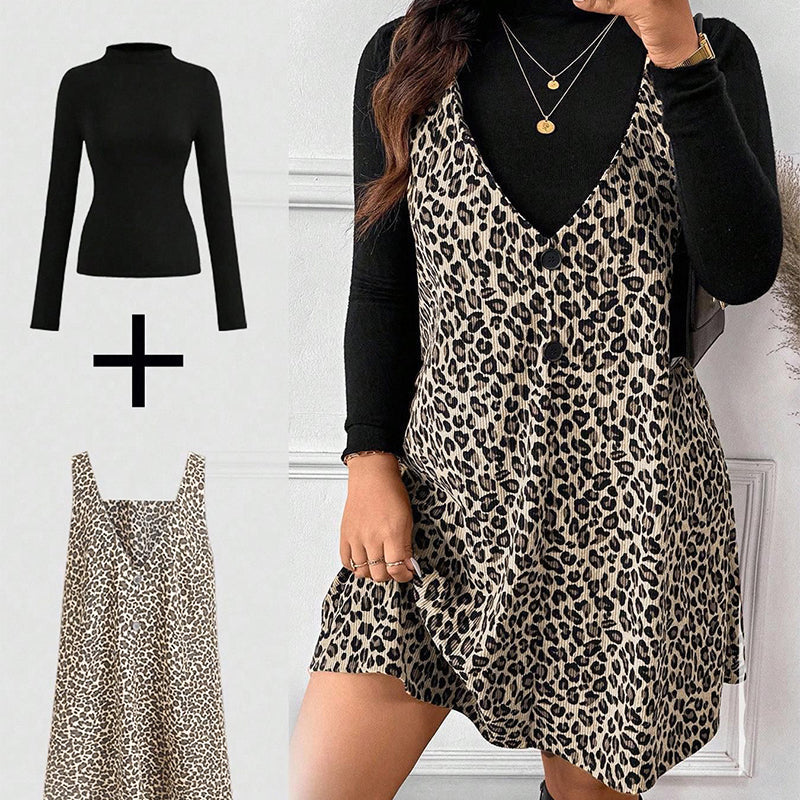 Set rochie și top cu imprimeu leopard, cu aspect stratificat-2