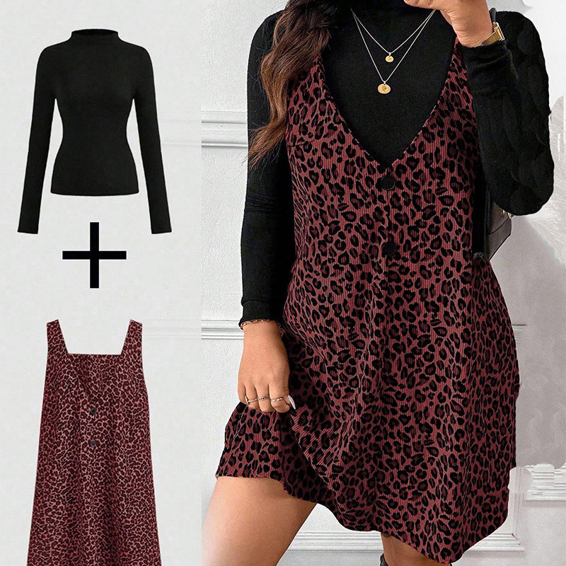 Set rochie și top cu imprimeu leopard, cu aspect stratificat-3