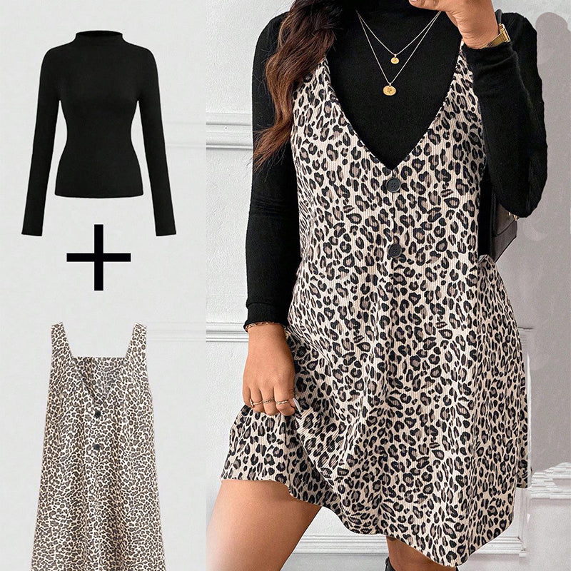 Set rochie și top cu imprimeu leopard, cu aspect stratificat-4