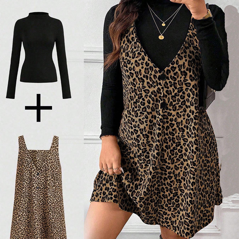 Set rochie și top cu imprimeu leopard, cu aspect stratificat-5