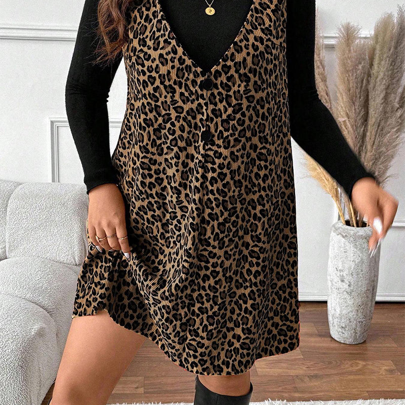 Set rochie și top cu imprimeu leopard, cu aspect stratificat-6