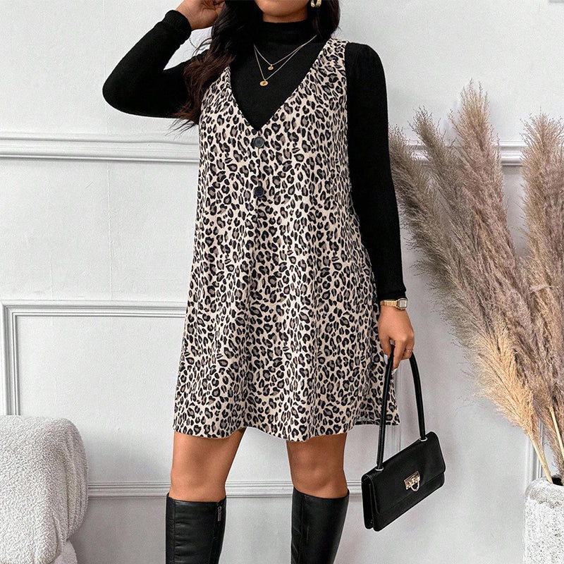 Set rochie și top cu imprimeu leopard, cu aspect stratificat-8