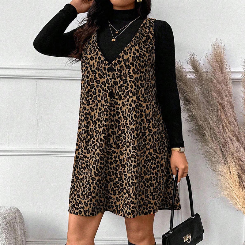Set rochie și top cu imprimeu leopard, cu aspect stratificat-10