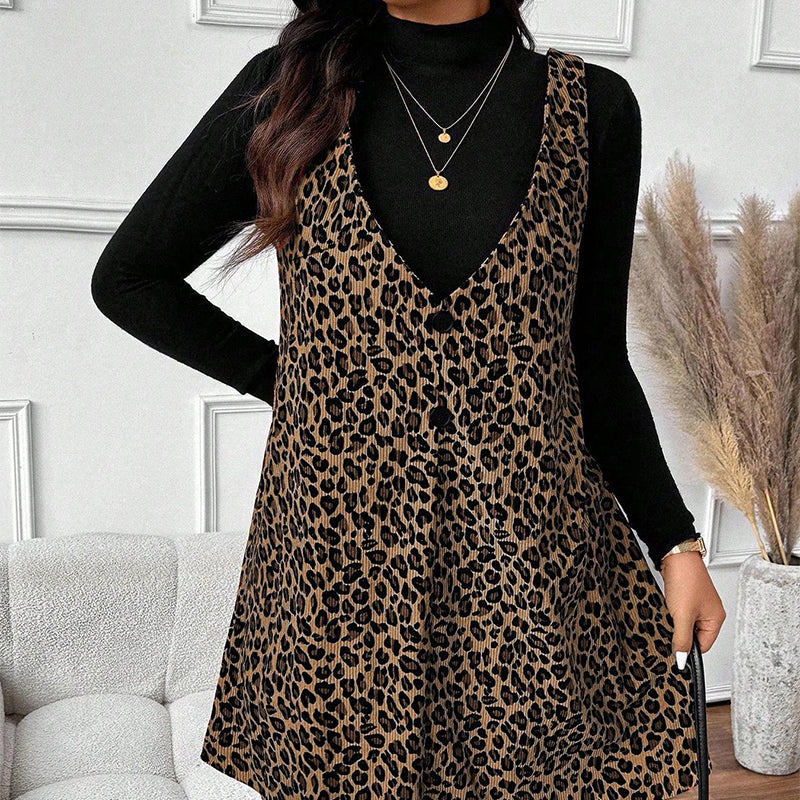 Set rochie și top cu imprimeu leopard, cu aspect stratificat-11