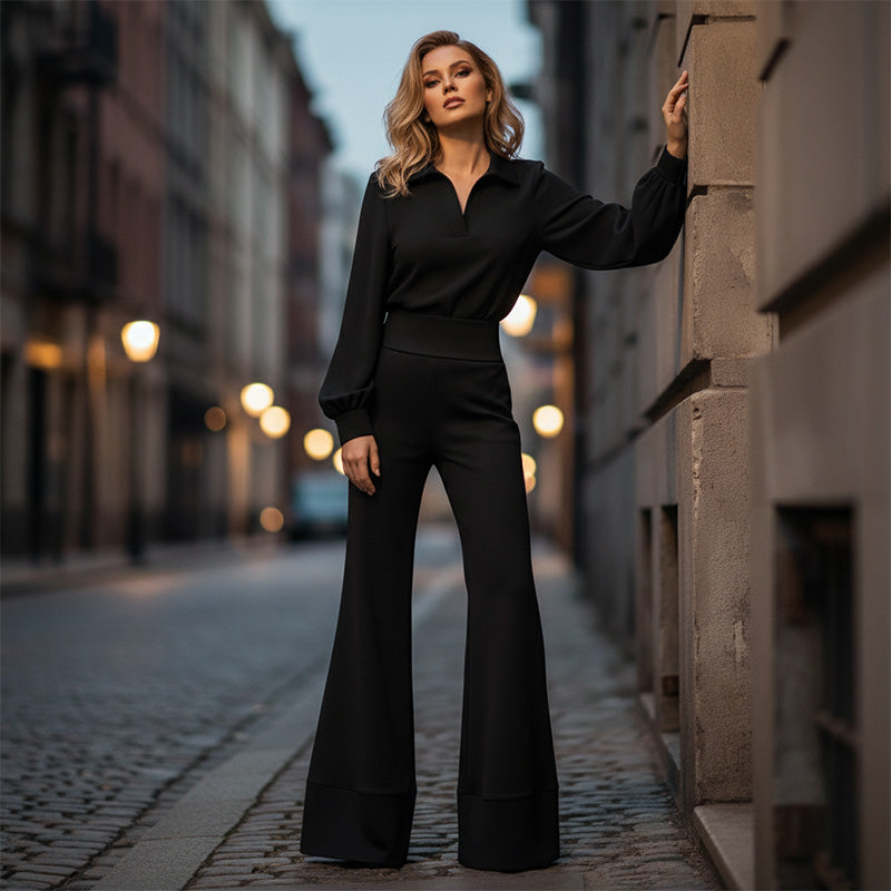 🔥Ofertă limitată - Set pentru femei cu bluză cu rever și pantaloni largi-3
