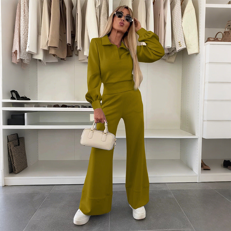 🔥Ofertă limitată - Set pentru femei cu bluză cu rever și pantaloni largi-8